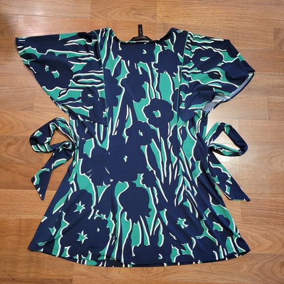 BCBGMAXAZRIA, M | y2k Flutter Sleeve Deep V Neck Tunic Waist Tie Top - Picture 3 of 5